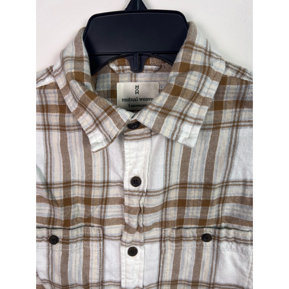 Mutual Weave Plaid Flannel Shirt White Brown Long Sleeve Button Up Size Small - Picture 2 of 9
